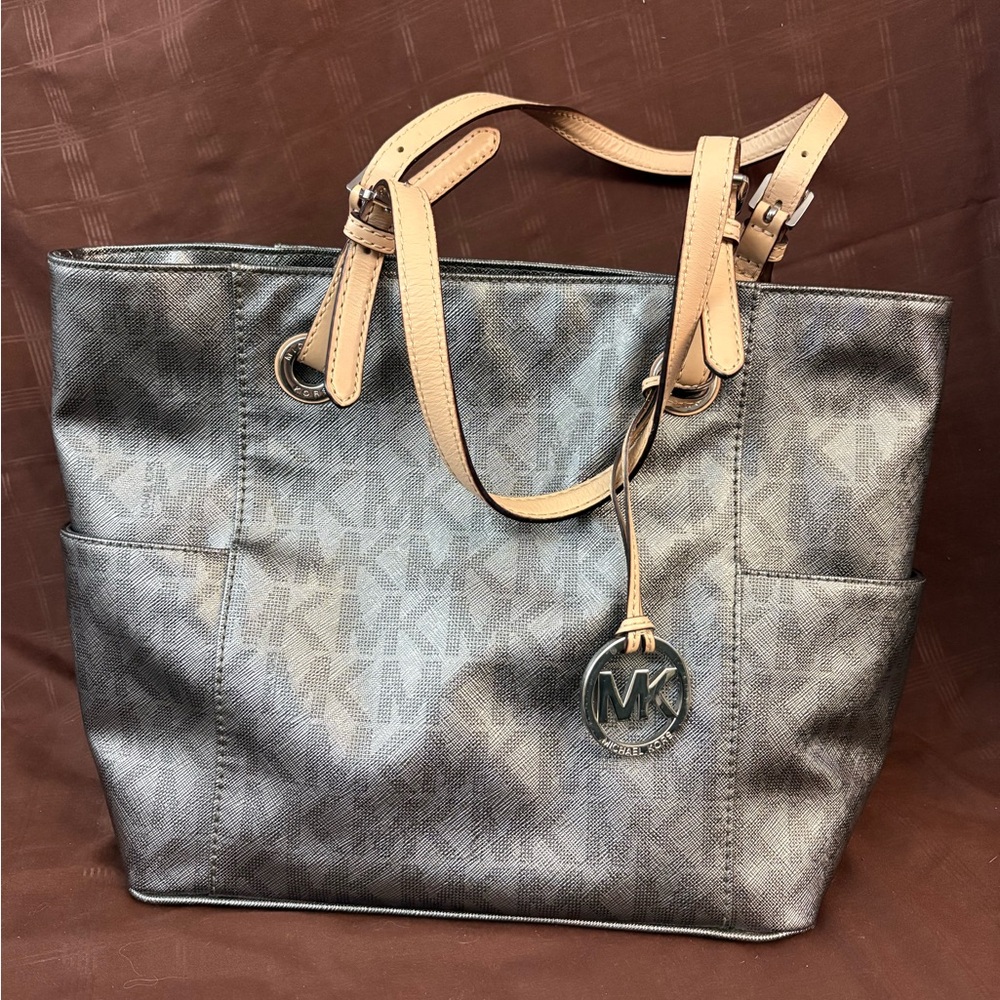 Michael Kors Logo Canvas Tote Bag Beige Black Leather Trim Authentic